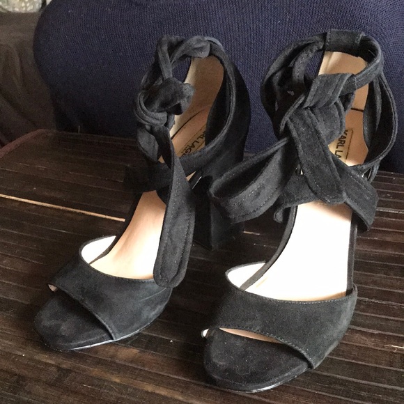 🚨B2G1 KARL LAGERFELD Black Leather Open Toe Block Heels - Picture 1 of 8